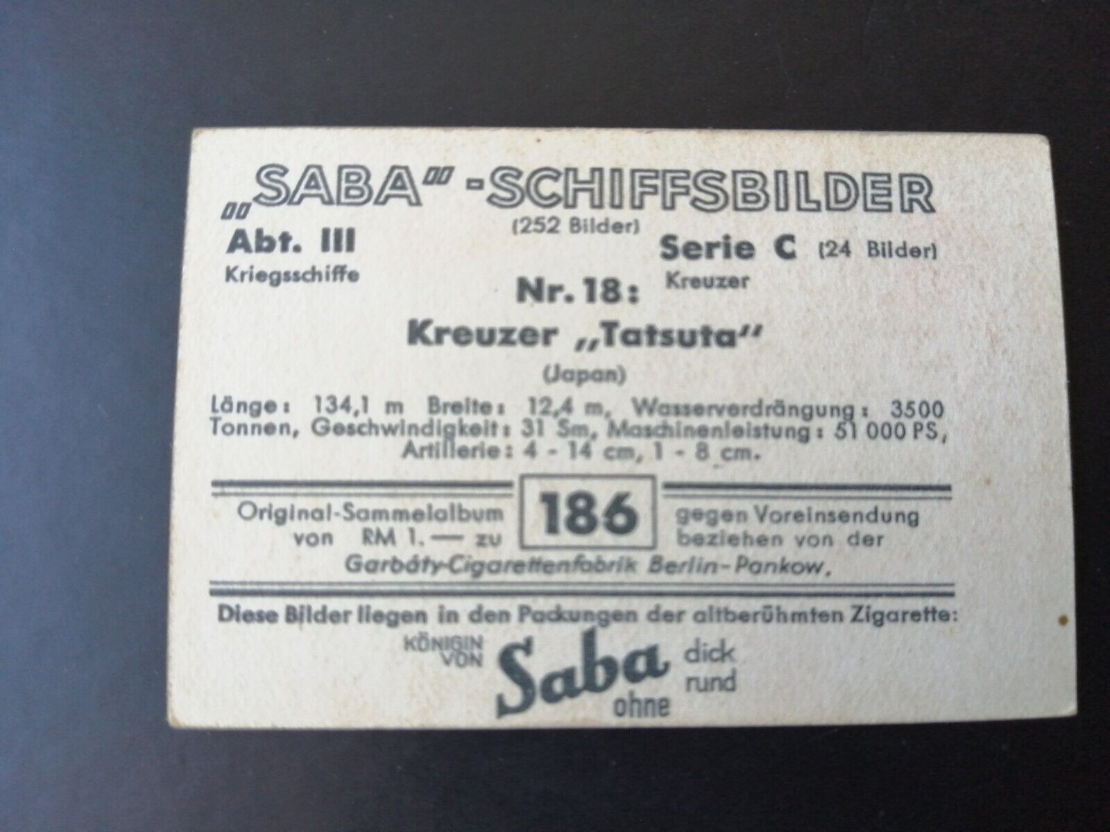 German SABA tobacco ship trading card 1931-33No 186"Tatsuka" Japan