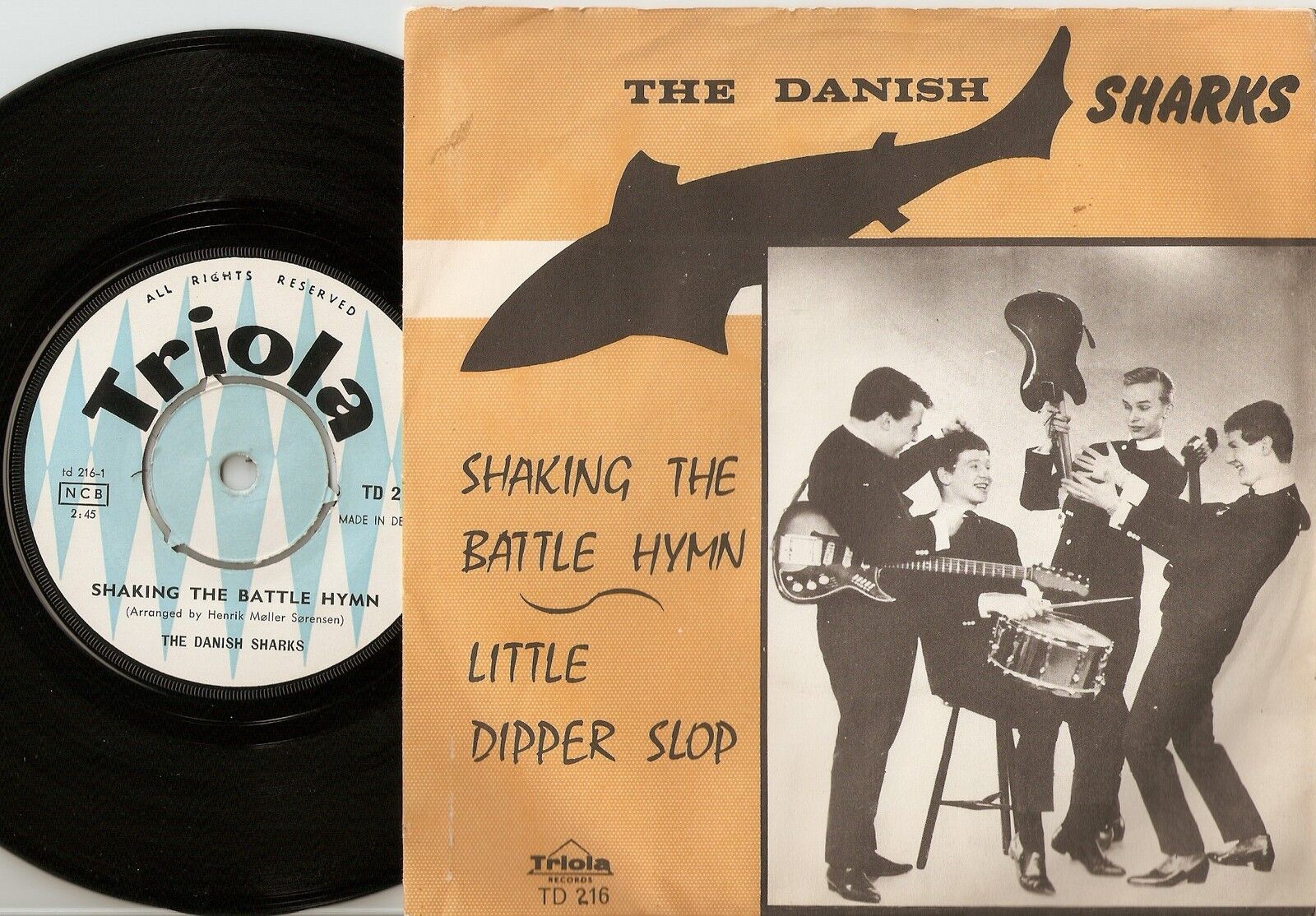 DANISH SHARKS SHAKING THE BATTLE HYMN DANISH 45+PS `63 BEAT INSTRUMENTAL SHADOWS