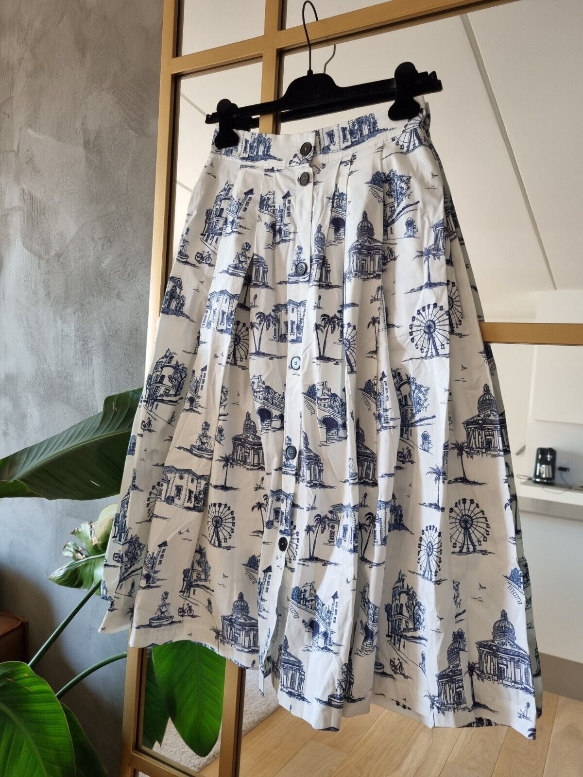 **MAJE** White Blue Cotton Midi Skirt Size FR38 DE36