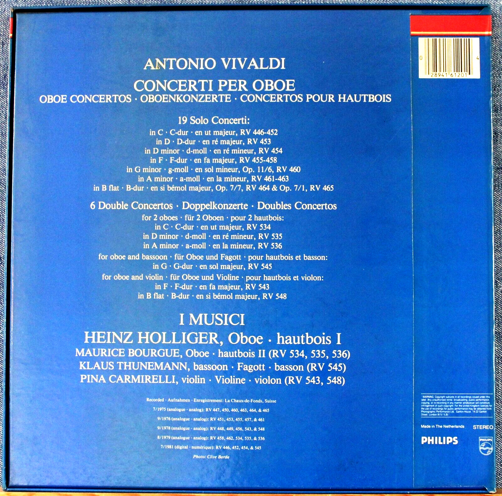 Holliger; I Musici Vivaldi (Oboe concertos) Philips 416 120 (5) Box NM