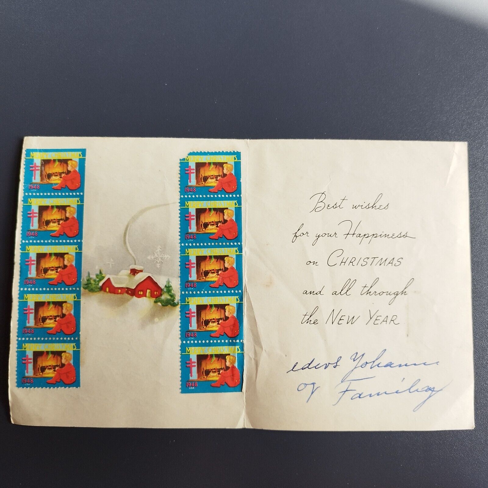 Vintage postcard Christmas card/letter from 1948 from the US to Denmark