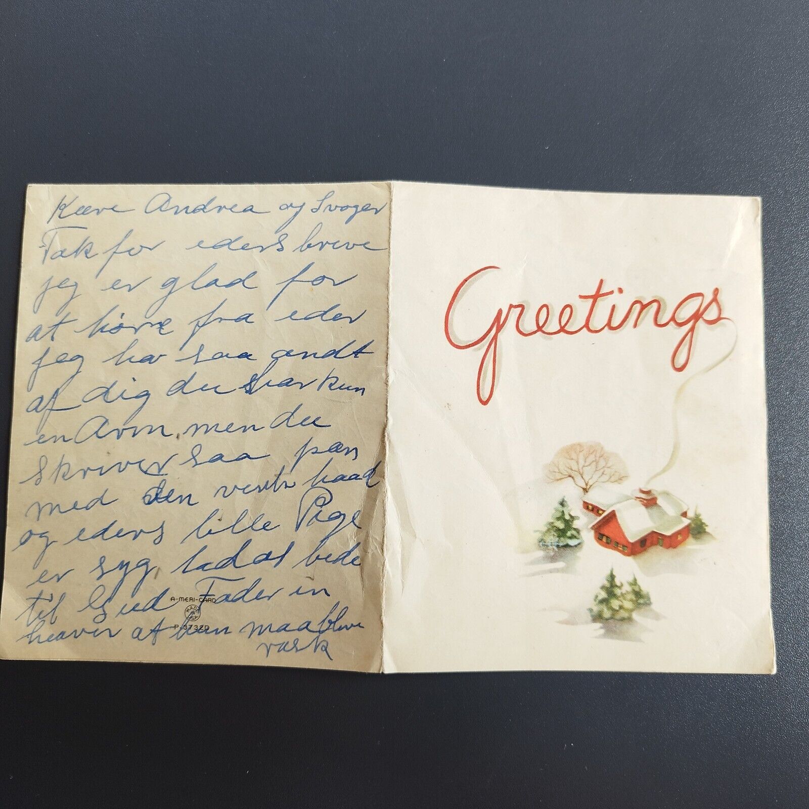 Vintage postcard Christmas card/letter from 1948 from the US to Denmark