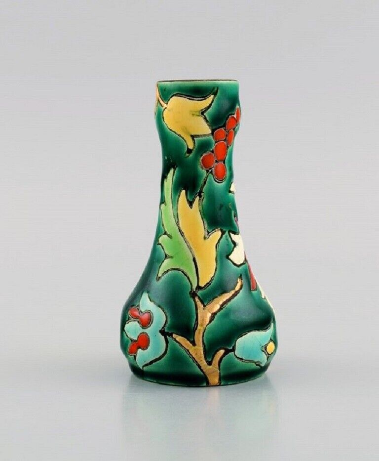 Longwy France Art Deco vase in glazed stoneware with hand-painted flowers