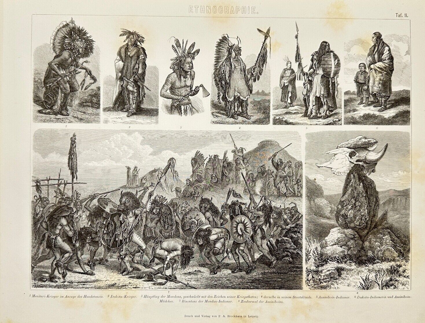 Antique Print - Friedrich Arnold Brockhaus - Assiniboin People and Culture - C5