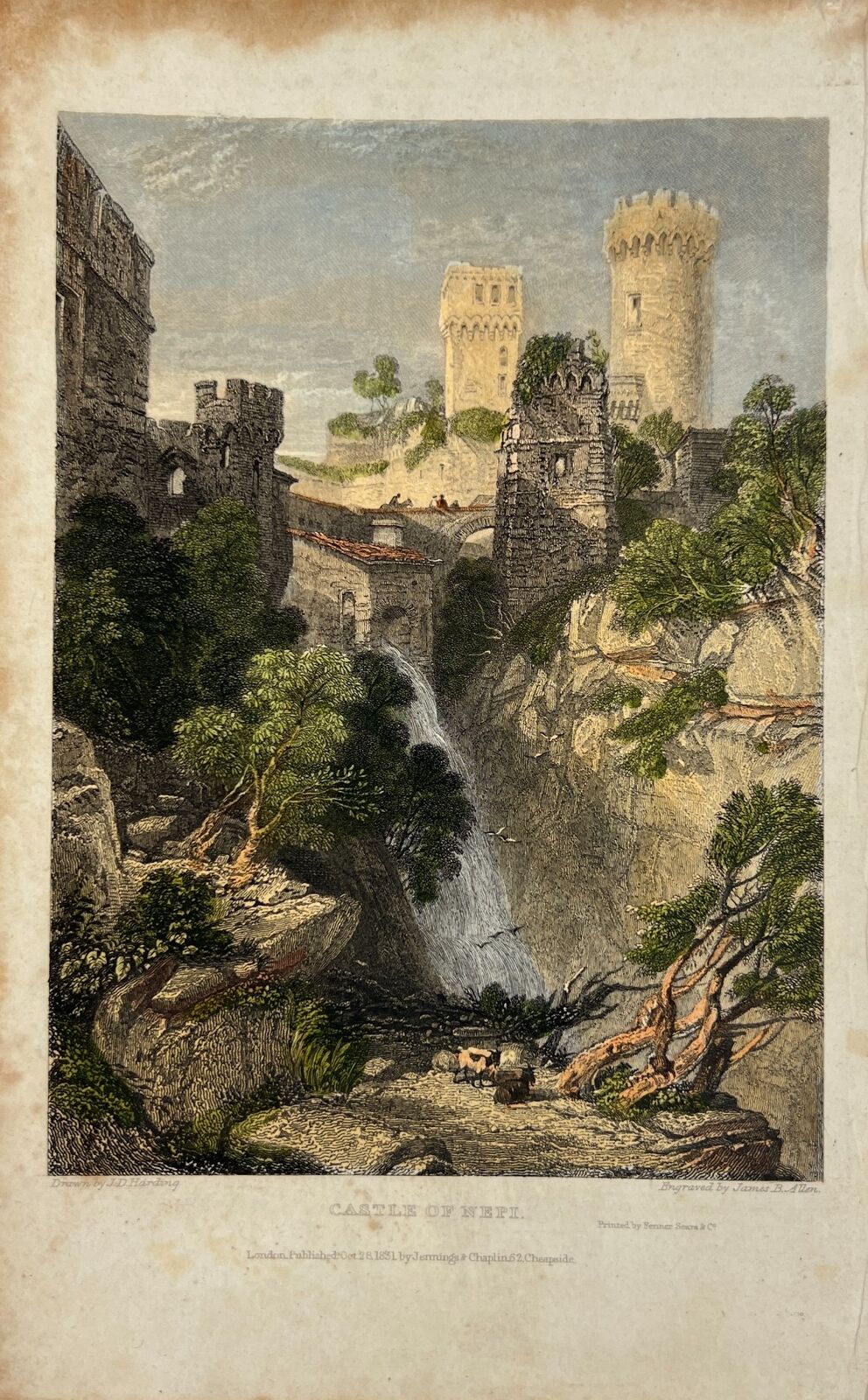 Antique Engraving - Carl Joseph Meyer - View of Castle of Nepi in Italy - E5