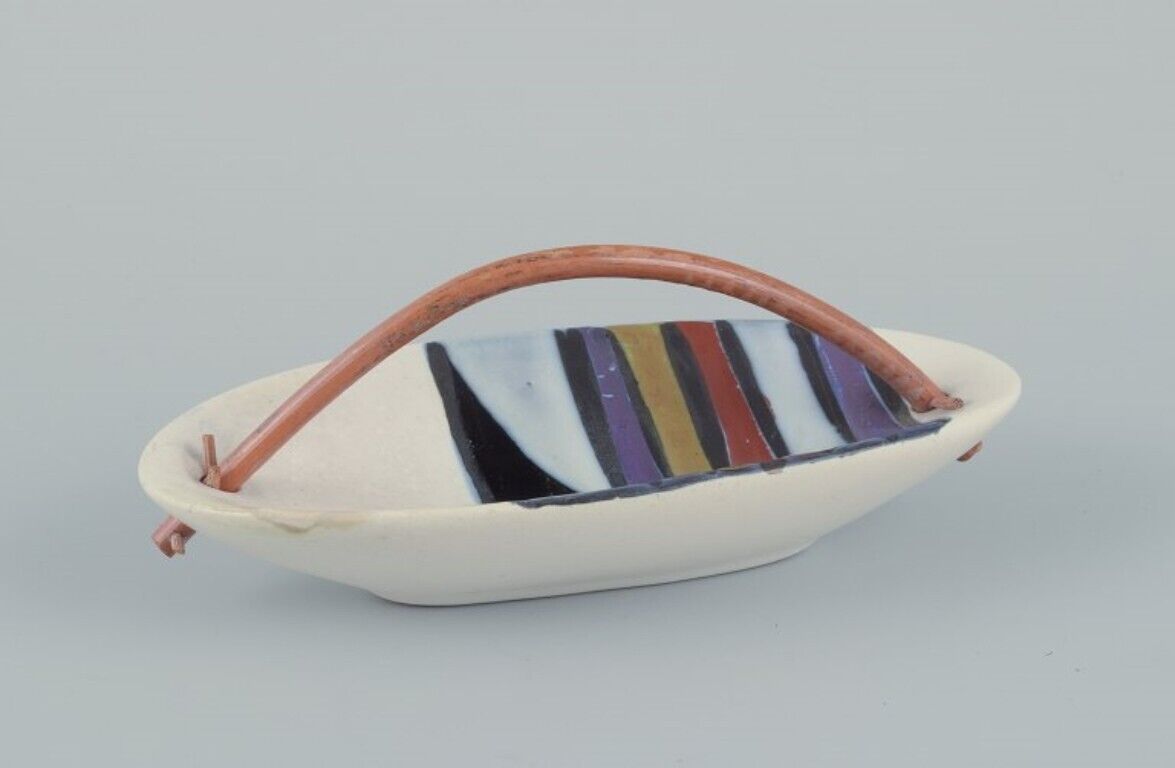 Roger Capron for Vallauris Modernist ceramic bowl with a bamboo handle