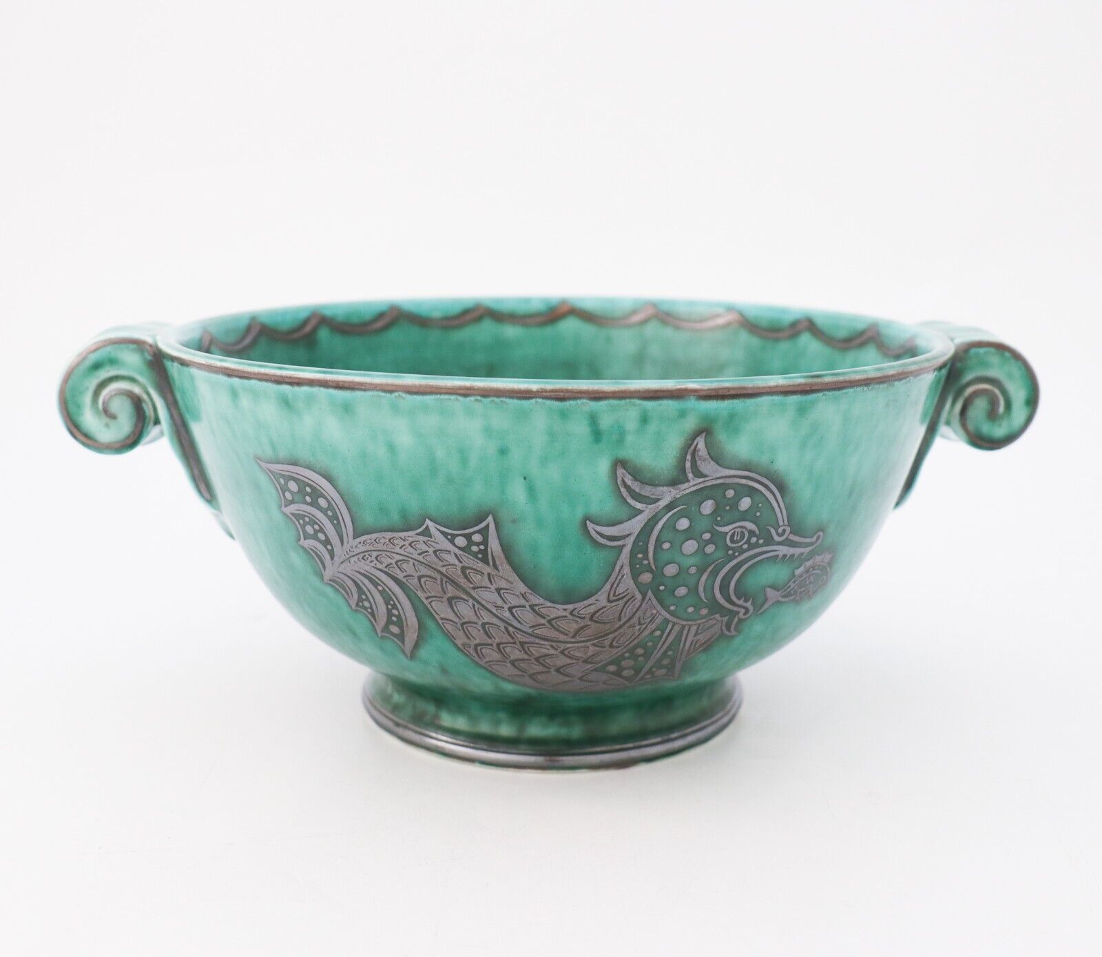 LARGE GREEN CERAMIC BOWL ARGENTA #901 - WILHELM KÅGE - GUSTAVSBERG DRAGON