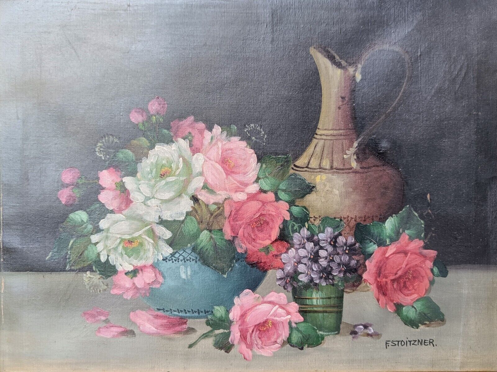 Frantz Stotzner 1898: Floral still life with roses and violets Original oil