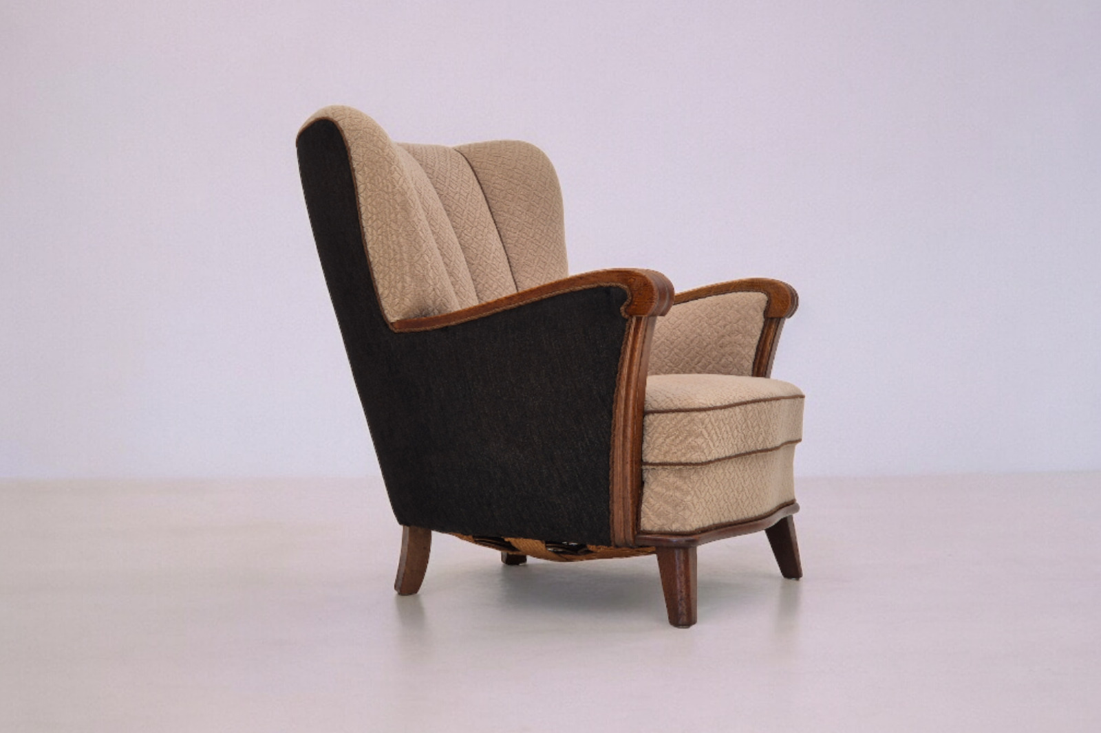 1950s Danish vintage armchair light brown cotton/wool oak wood