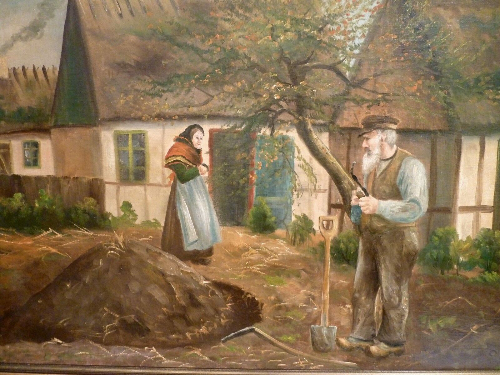 OLE LIND! FARMHOUSE EXTERIOR WITH FARMER AND WIFE IN THE GARDEN