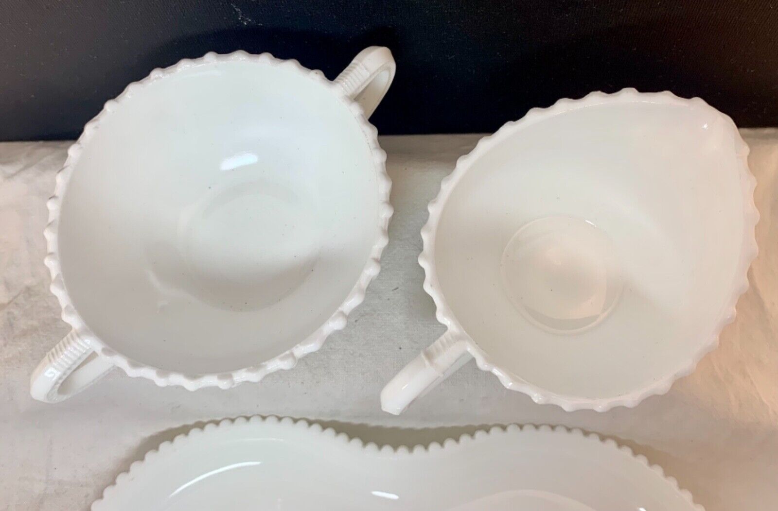 Vintage textured Milk glass sugar  creamer set with under-plate 20cm wide