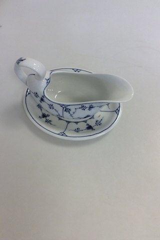 Royal Copenhagen Blue Fluted Plain Gravy Boat with attached underplate No 201