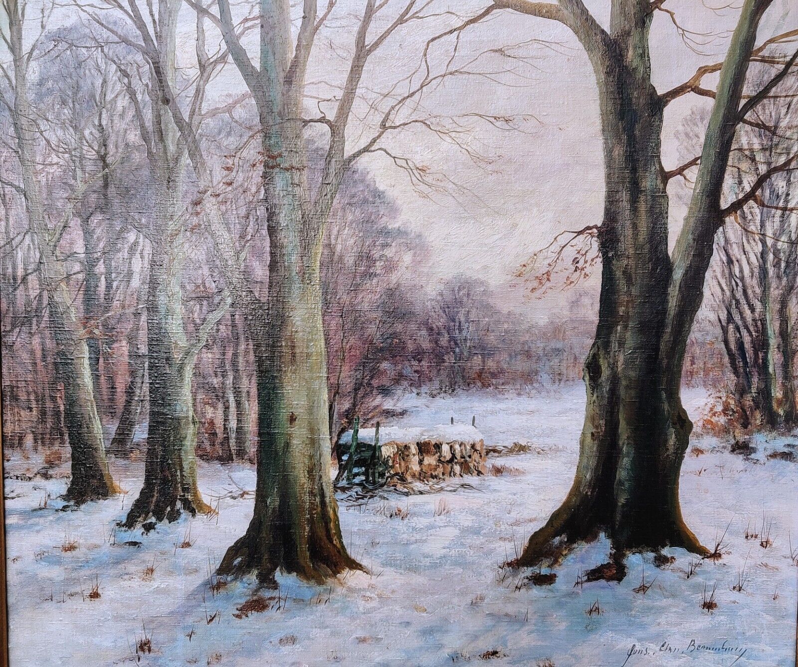 Jens Christian Bennedsen (1893-1967): WINTER IN FOREST, original oil painting.