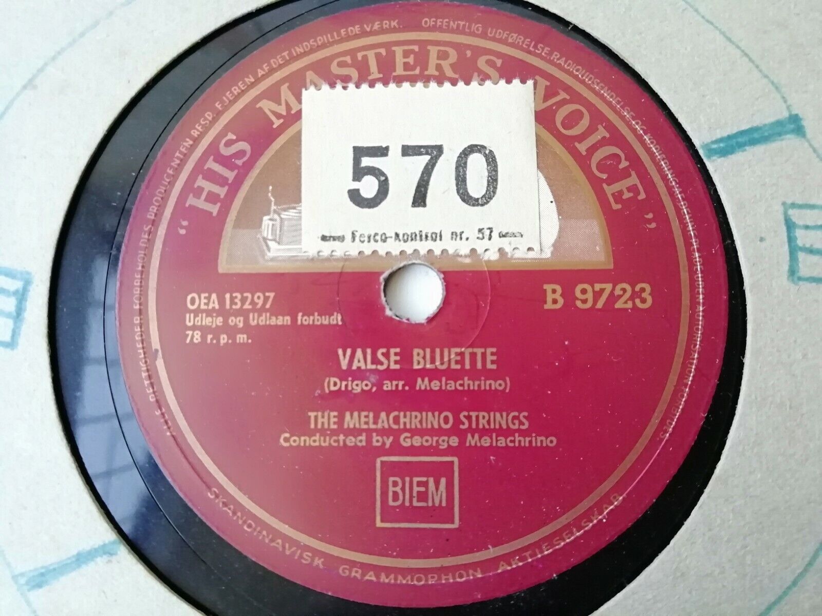 78 rpm :The Melachrino StringsStardustValse BluetteHMV B 9723Denmark