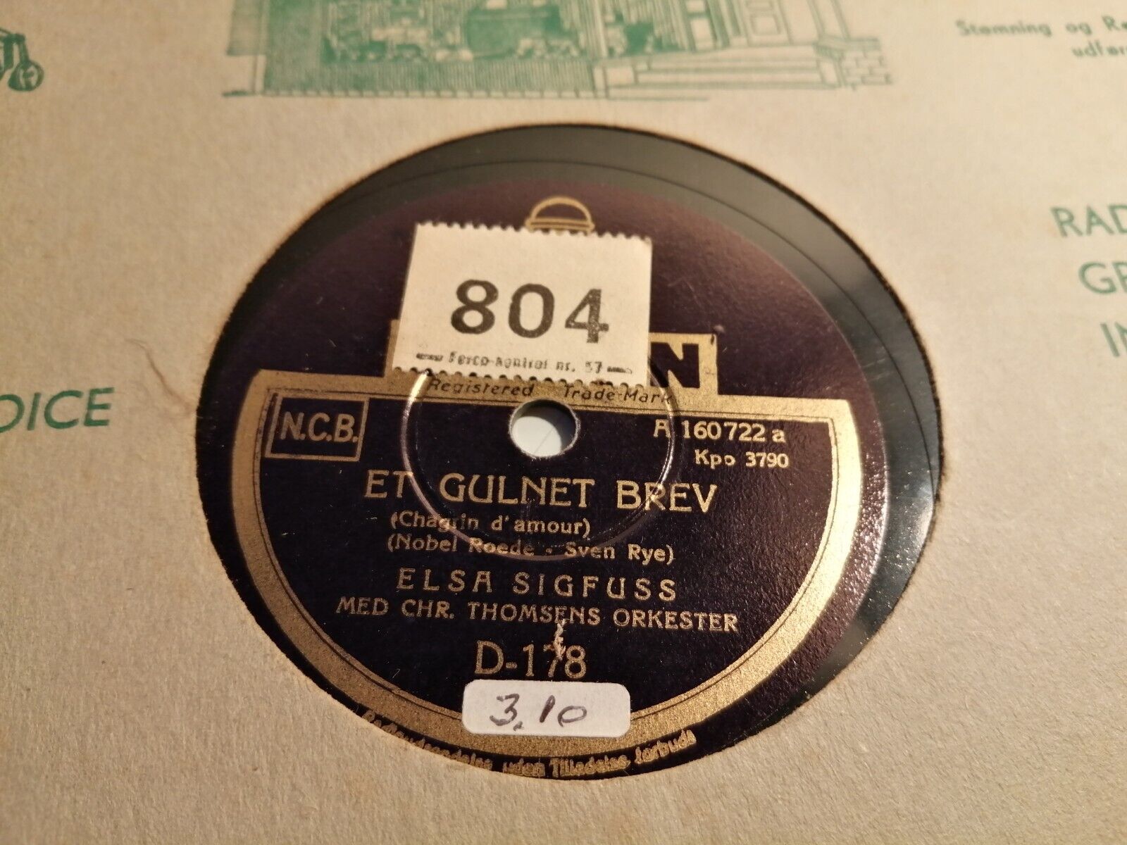 78 RPM  shellac ELSA SIGFUSS :Et gulnet brev /Forelskelse Odeon Denmark