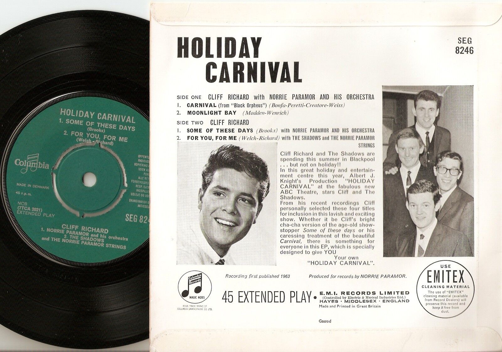 CLIFF RICHARD HOLIDAY CARNIVAL DANISH EP 45+PS 1963 THE SHADOWS MONO SEG 8246