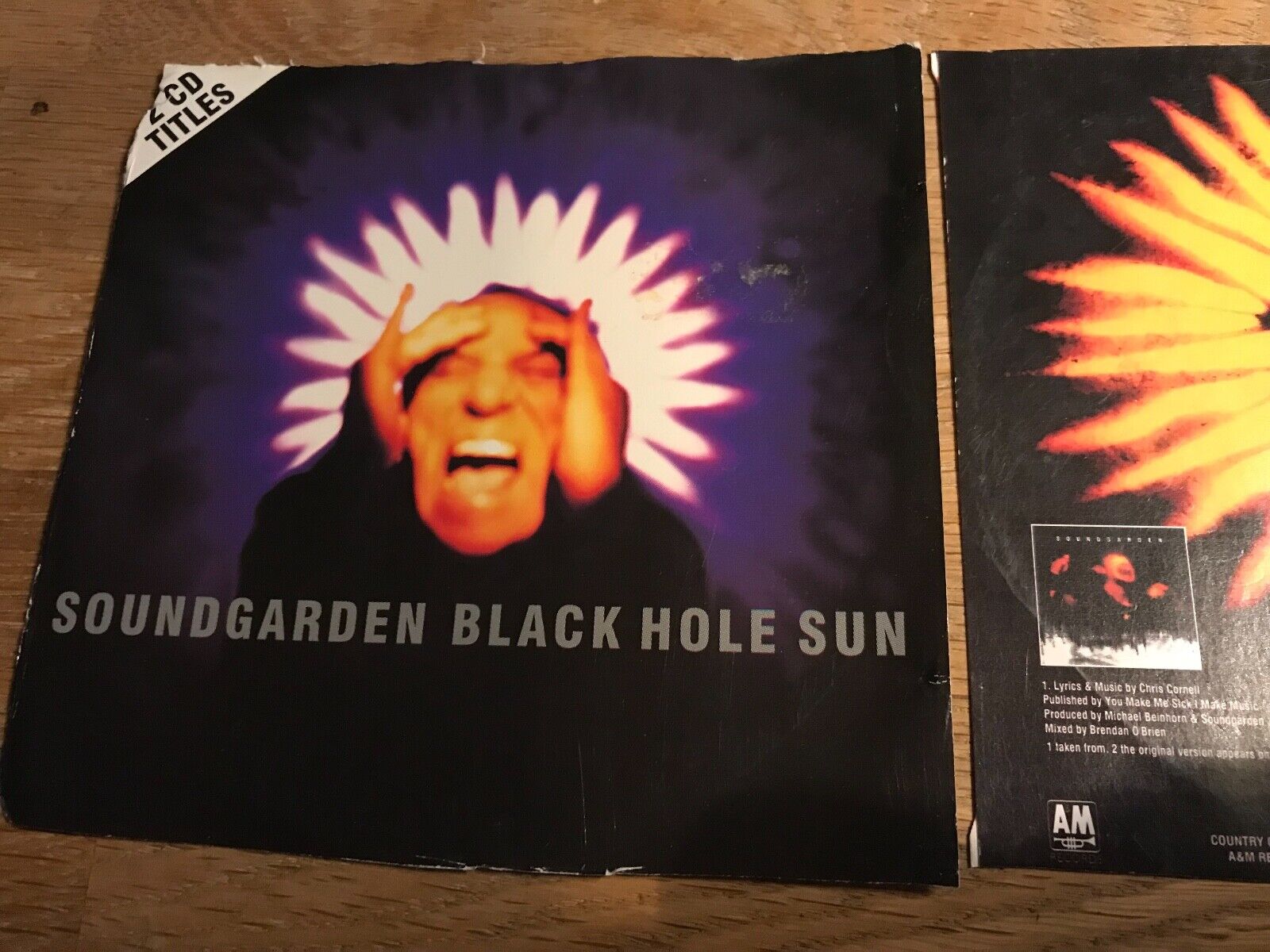 SOUNDGARDEN "BLACK HOLE SUN/KICKSTAND (LIVE)" 1994 CD 2 TRACKS A  M RECORDS OOP