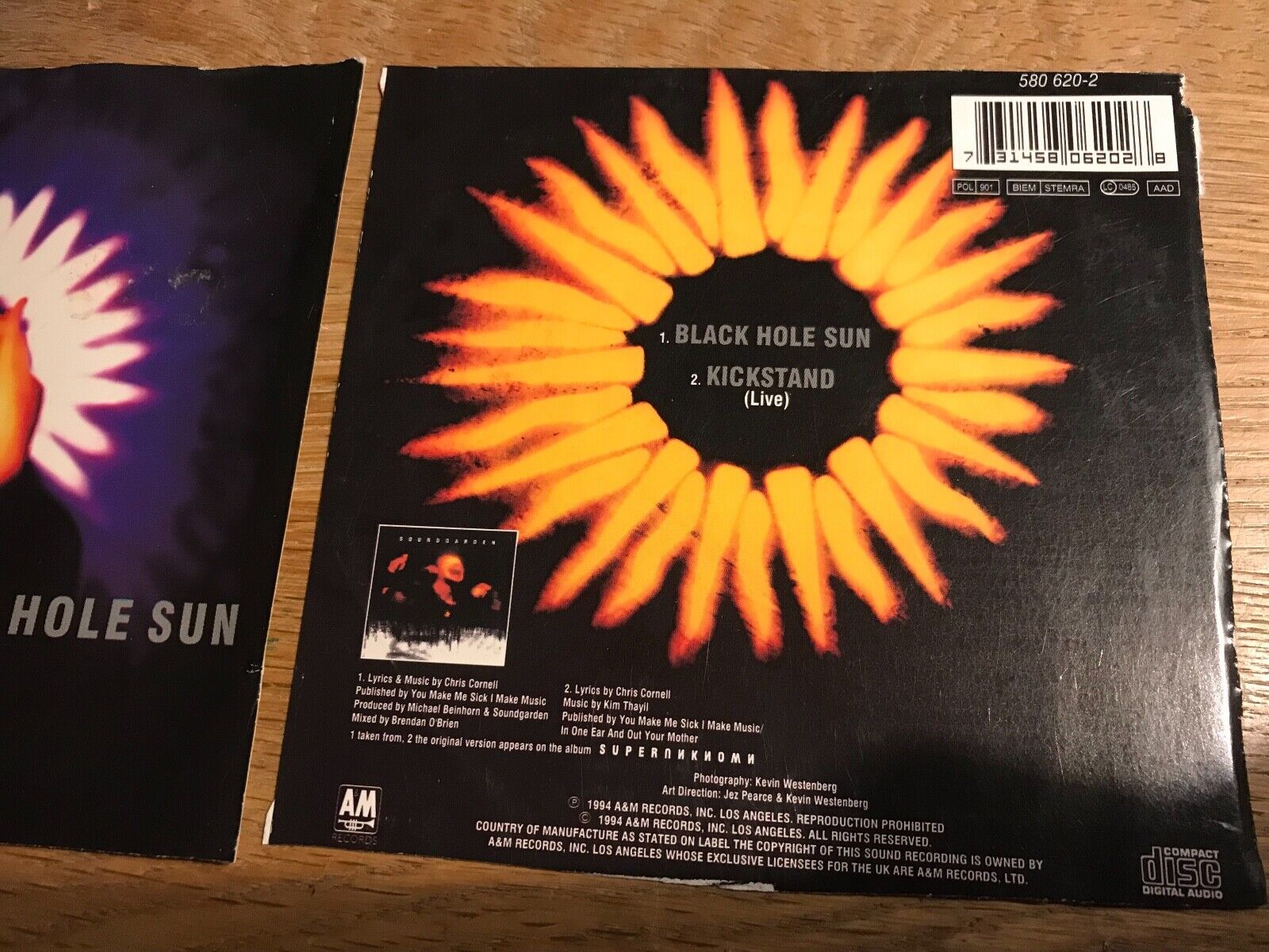 SOUNDGARDEN "BLACK HOLE SUN/KICKSTAND (LIVE)" 1994 CD 2 TRACKS A  M RECORDS OOP