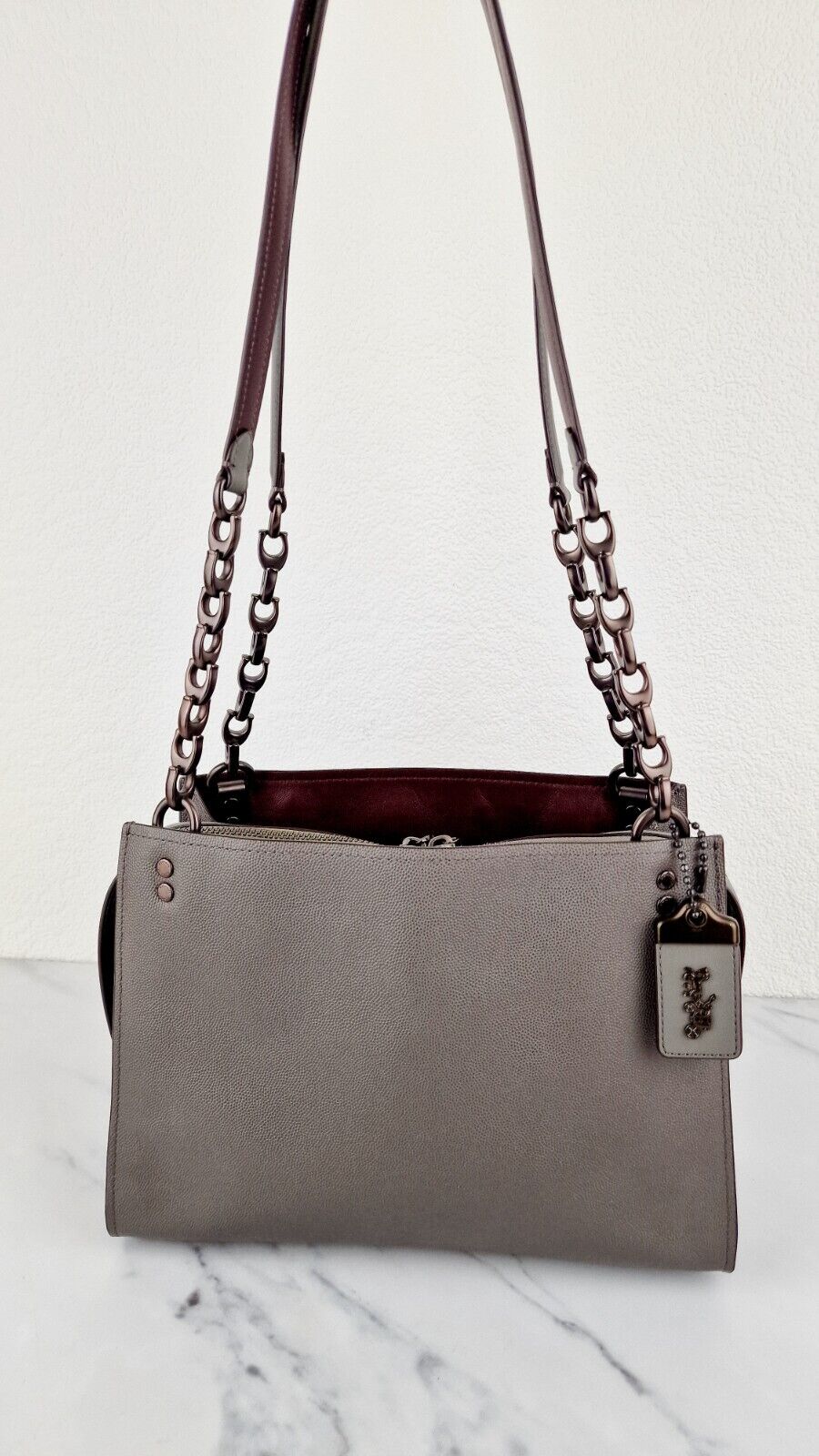 Coach Rogue Shoulder Bag Grey Caviar Leather C Chain 1941 Oxblood lining 26829