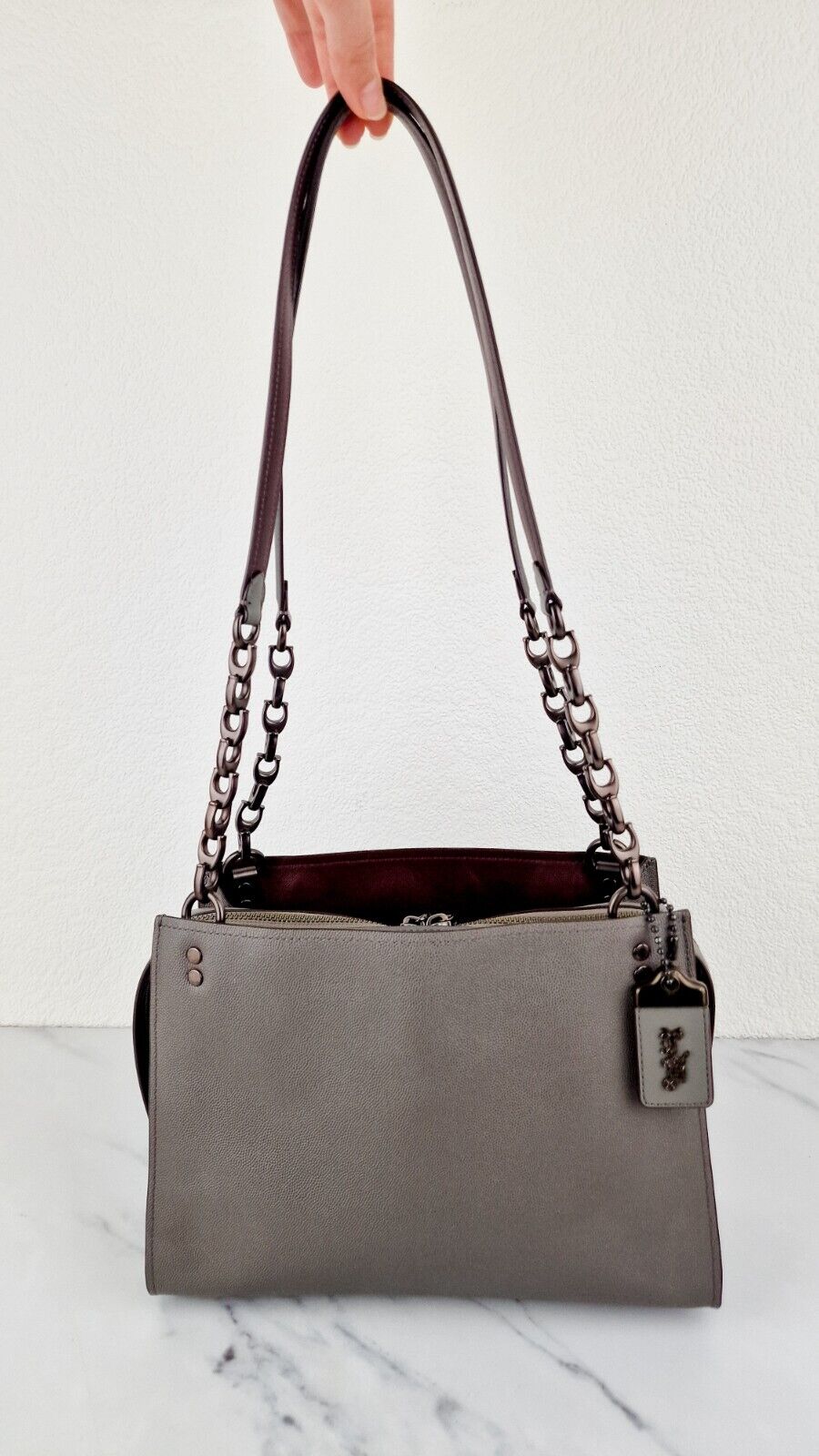 Coach Rogue Shoulder Bag Grey Caviar Leather C Chain 1941 Oxblood lining 26829