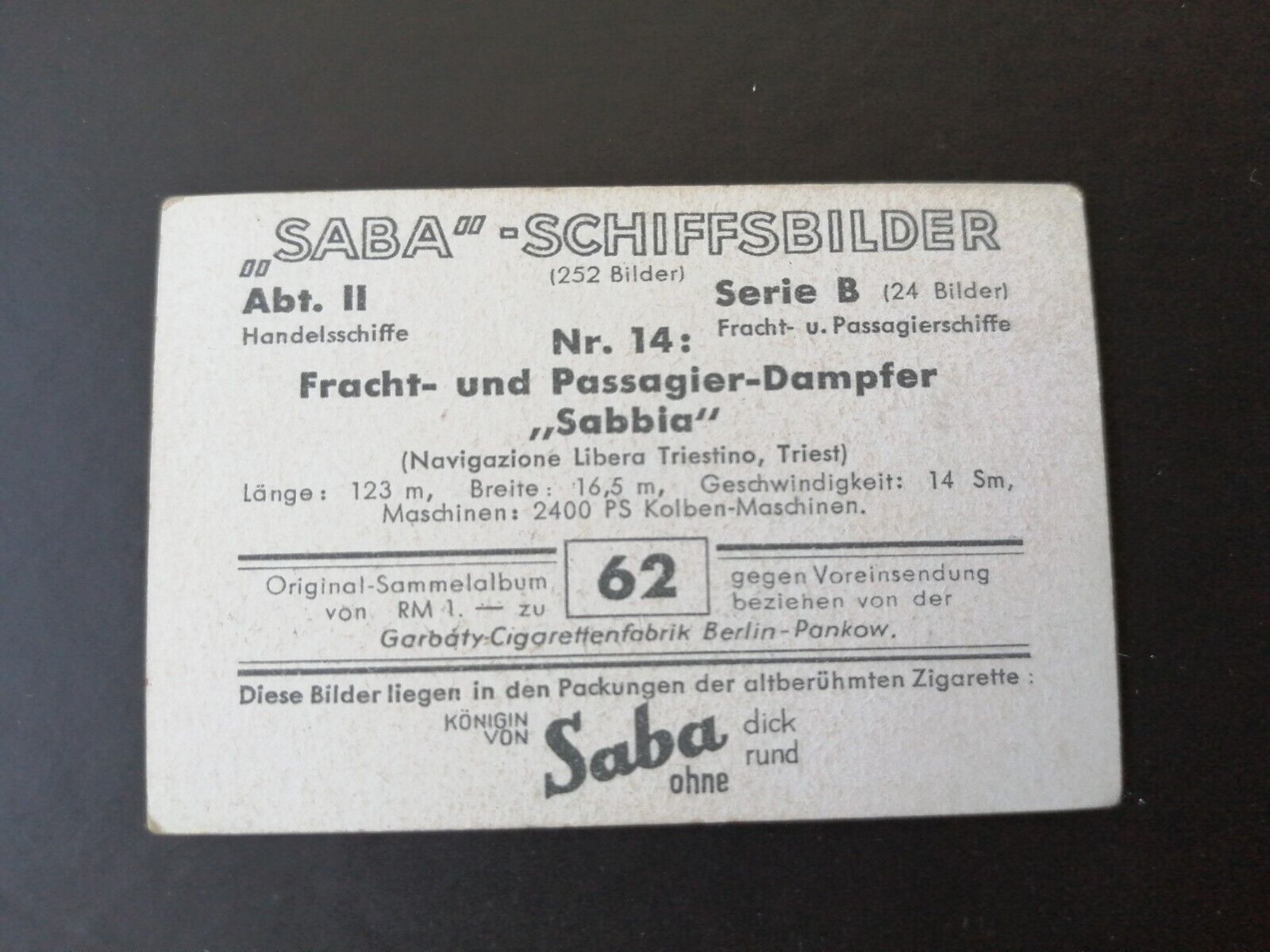 German SABA tobacco ship trading card 1931-33No 62 "Sabbia" Triest