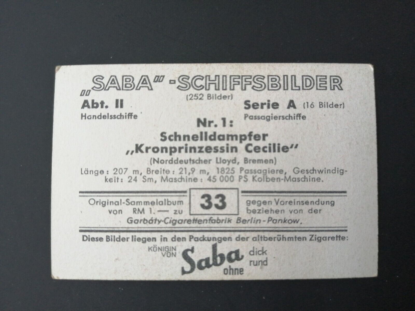 German SABA tobacco ship trading card 1931-33No 33 "Kronprinzessin Cecilie"