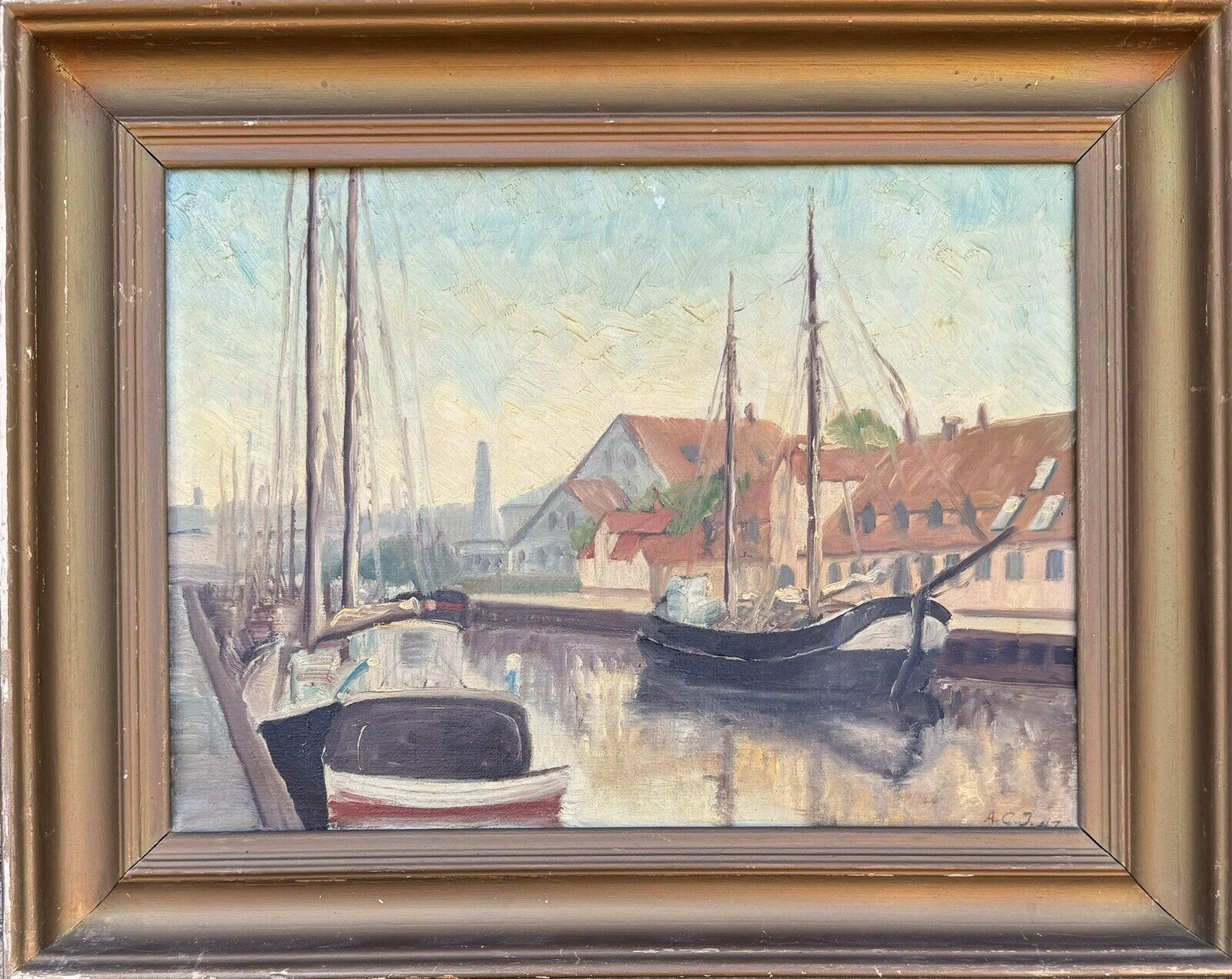 Vintage Framed Oil Painting: Ships in the canal In Copenhagen, Denmark In 1942