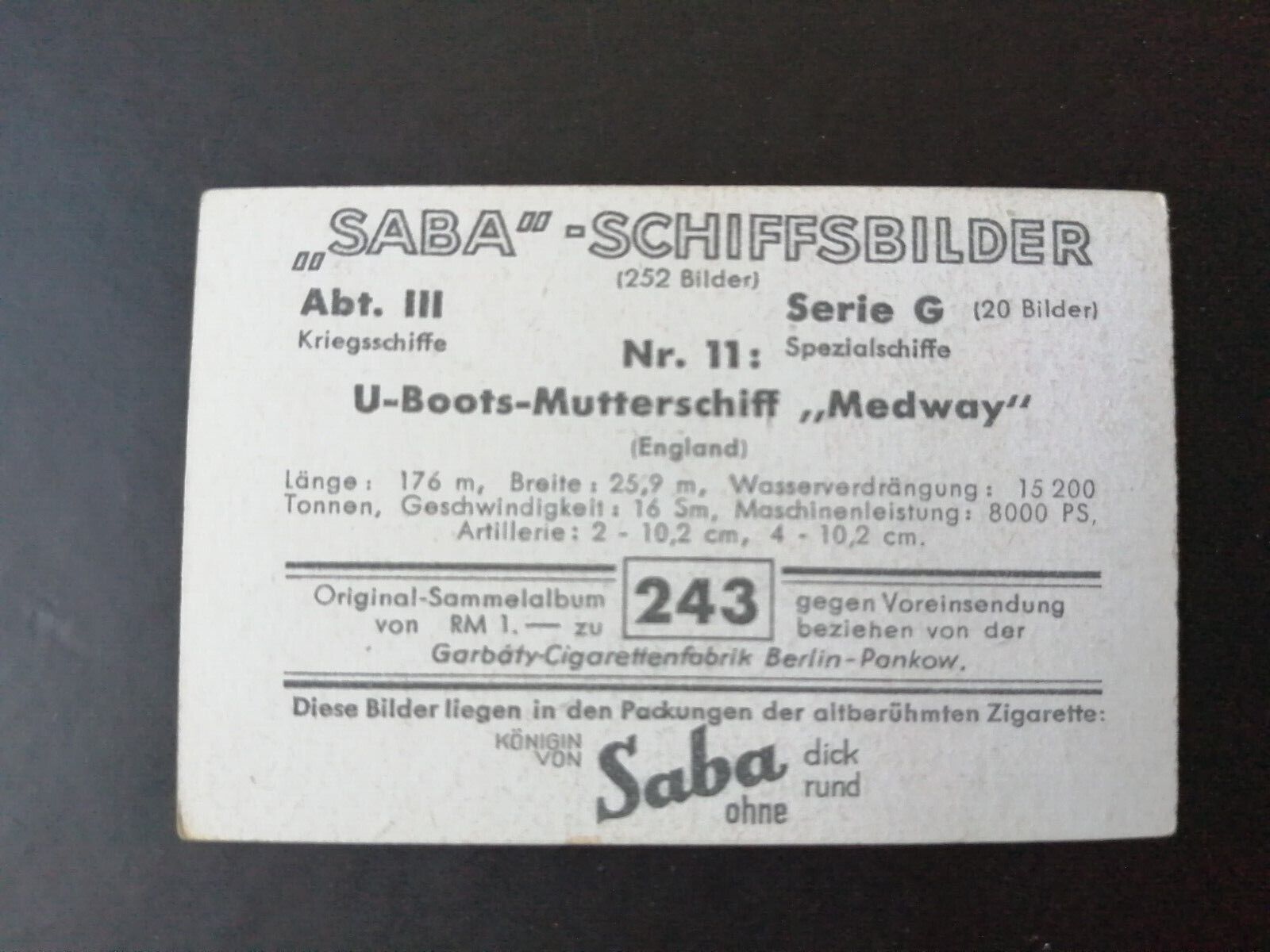 German SABA tobacco ship trading card 1931-33No 243 "Medway" England