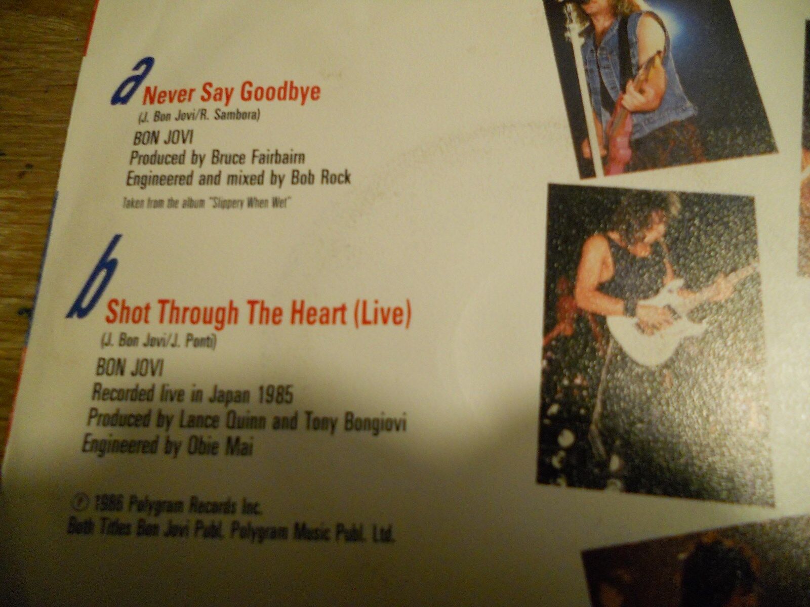 BON JOVI "NEVER SAY GOODBYE / SHOT THROUGH THE HEART (LIVE)" 1986 DUTCH MERCURY*