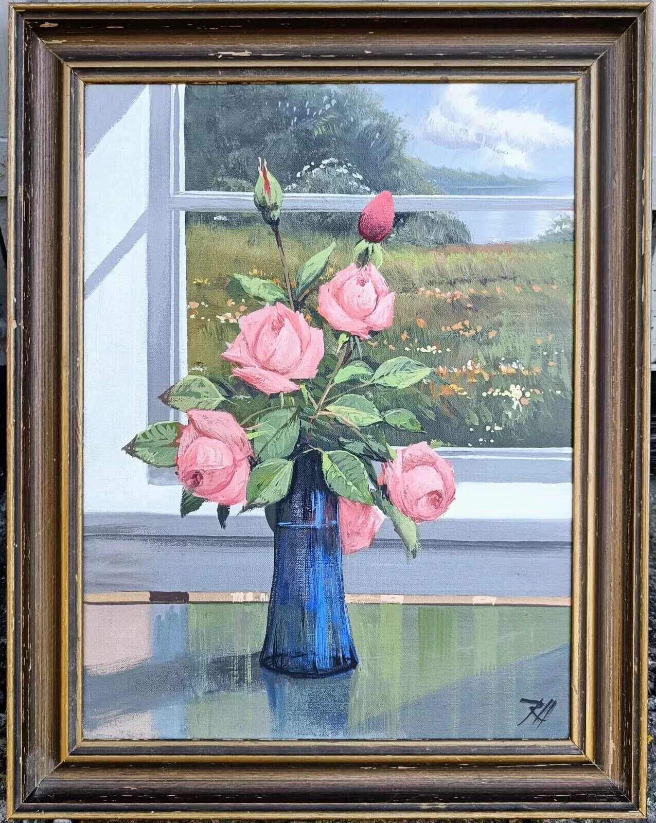 Roald Hansen (1938-2018): PINK ROSES IN BLUE VASE