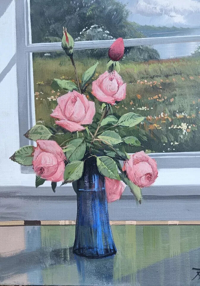 Roald Hansen (1938-2018): PINK ROSES IN BLUE VASE