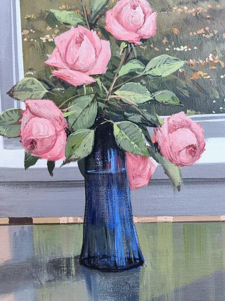 Roald Hansen (1938-2018): PINK ROSES IN BLUE VASE