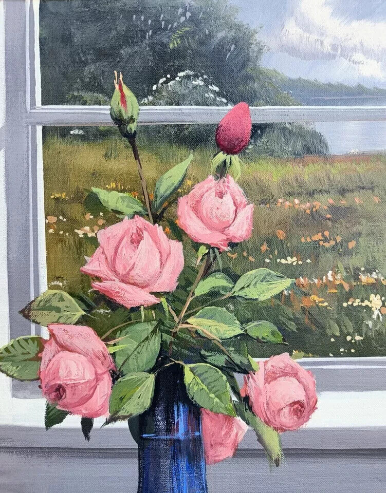 Roald Hansen (1938-2018): PINK ROSES IN BLUE VASE