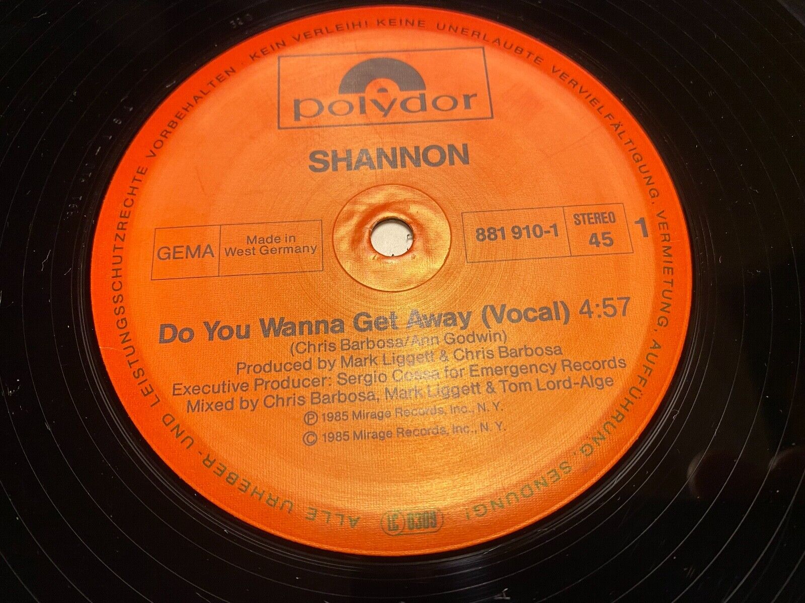 SHANNON "DO YOU WANNA GET AWAY" REMIX POLYDOR RECORDS WEST GERMAN 12" 1985 REMIX