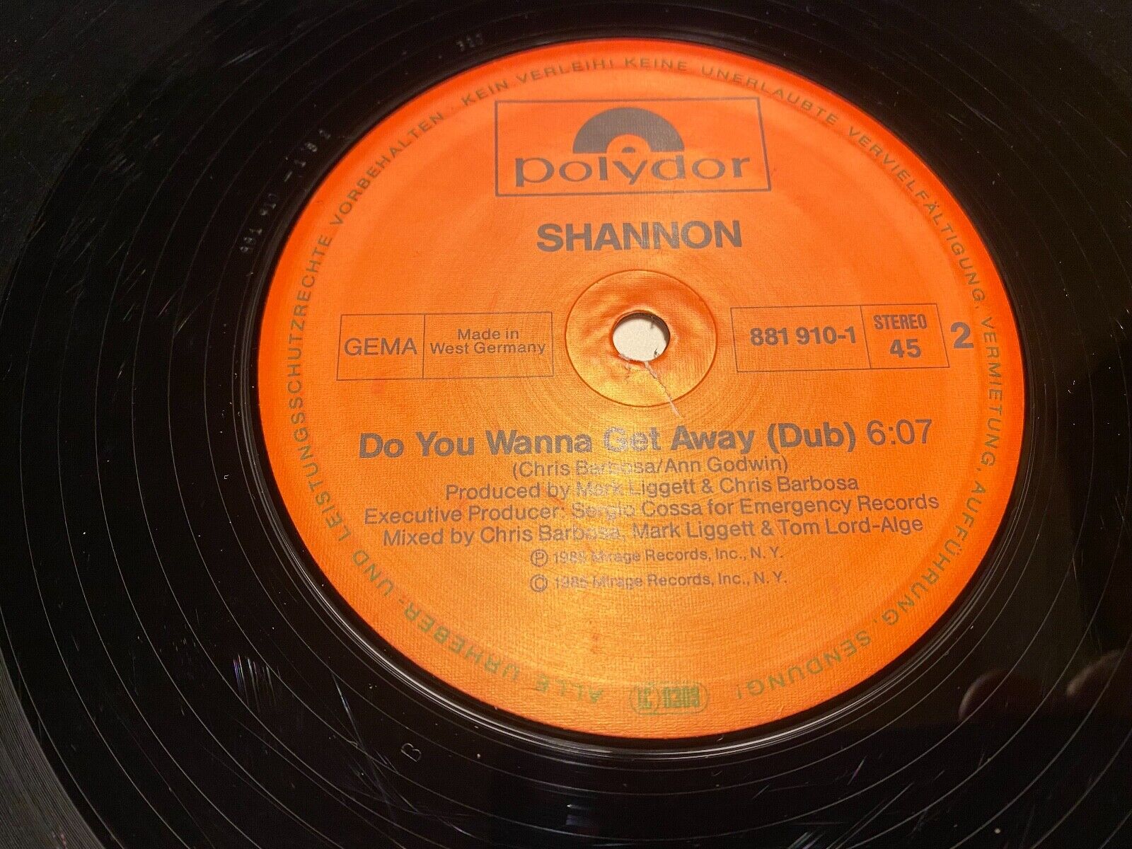 SHANNON "DO YOU WANNA GET AWAY" REMIX POLYDOR RECORDS WEST GERMAN 12" 1985 REMIX