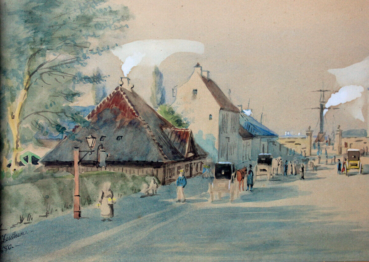 C O Zeuthen watercolour Street scenery near Copenhagen Harbour 1880 Framed