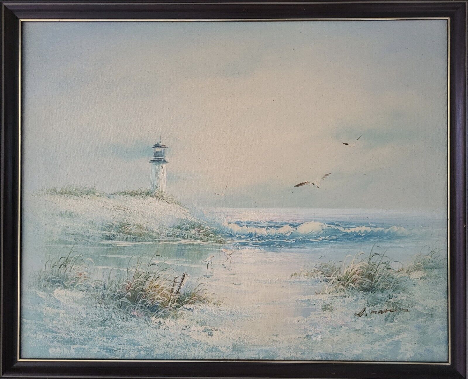 Oil painting. L. Marcus: ”Lighthouse and waders”