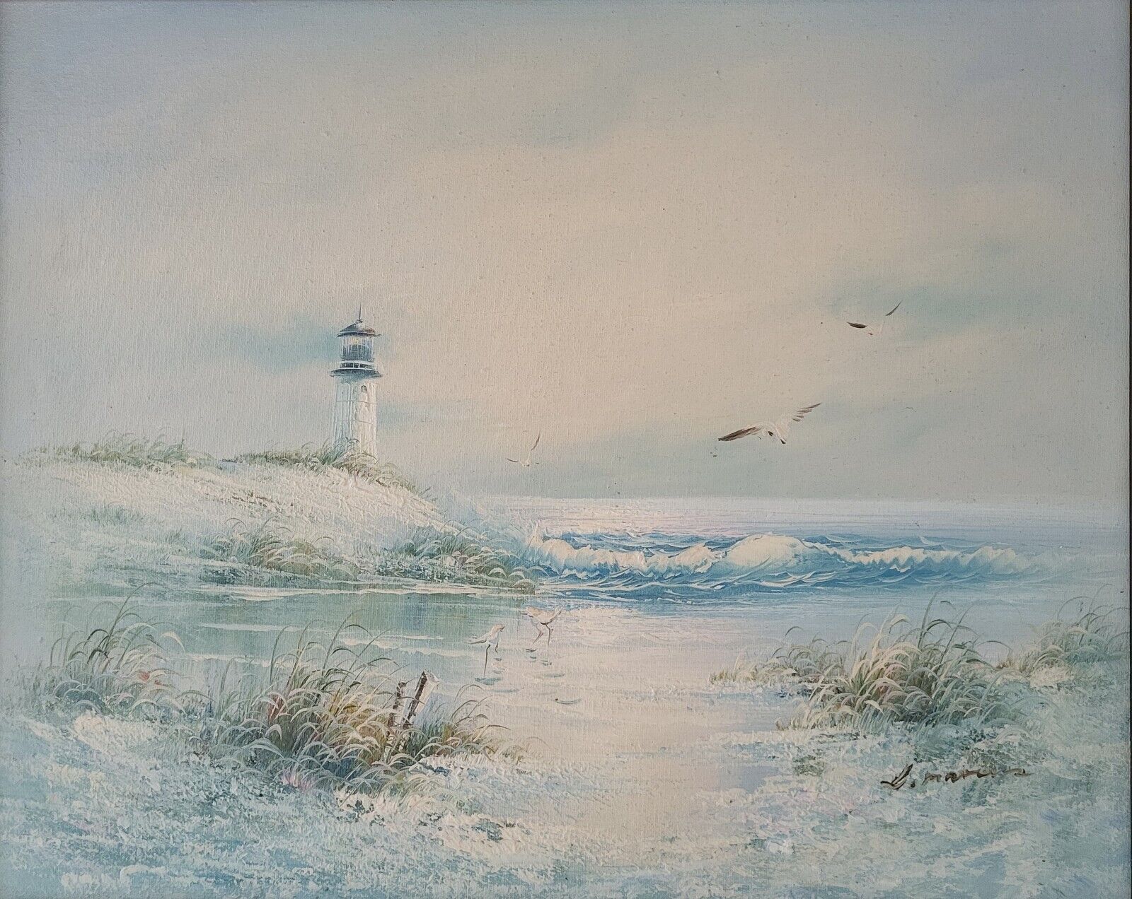 Oil painting. L. Marcus: ”Lighthouse and waders”