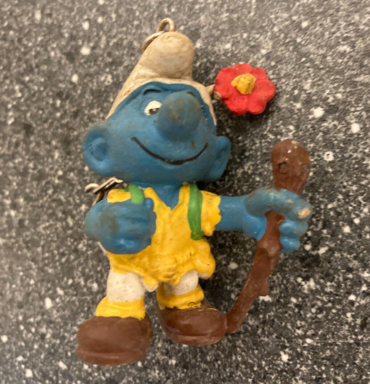 Vintage Smurf Keychain - Adventurer Smurf with Flower and Walking Stick