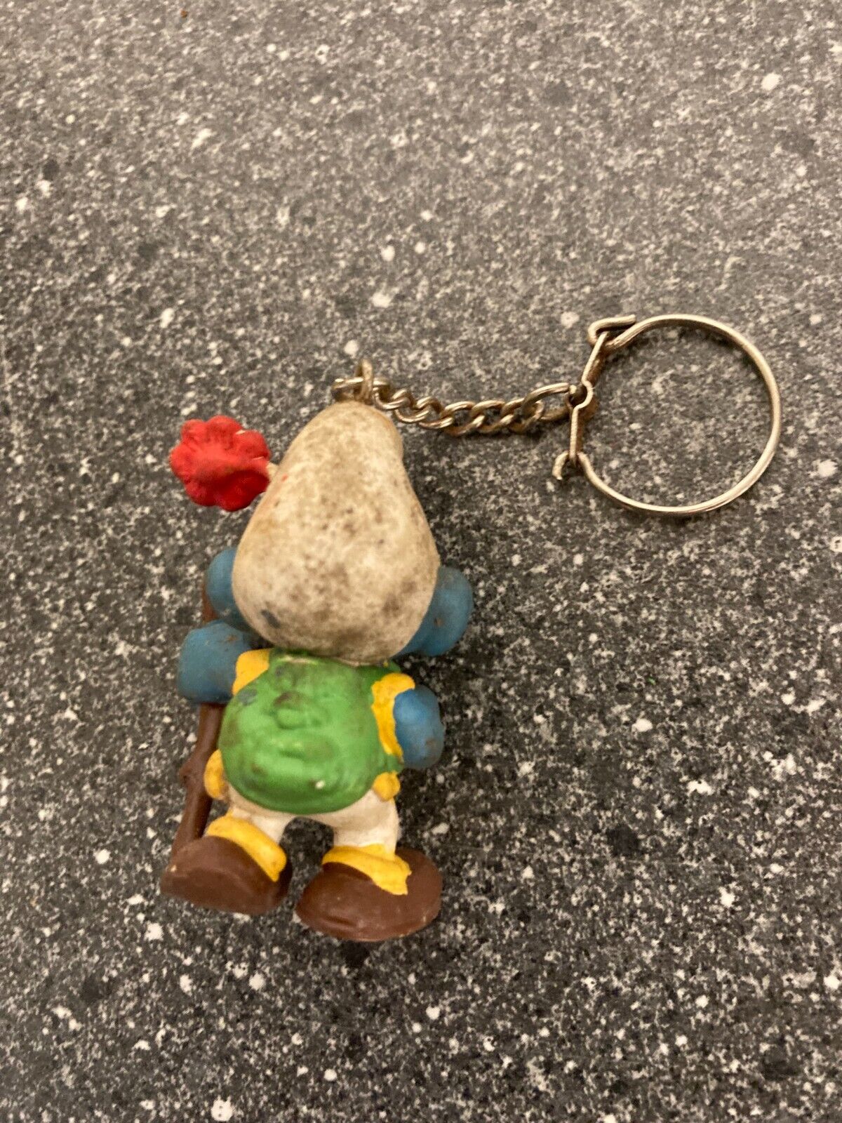 Vintage Smurf Keychain - Adventurer Smurf with Flower and Walking Stick