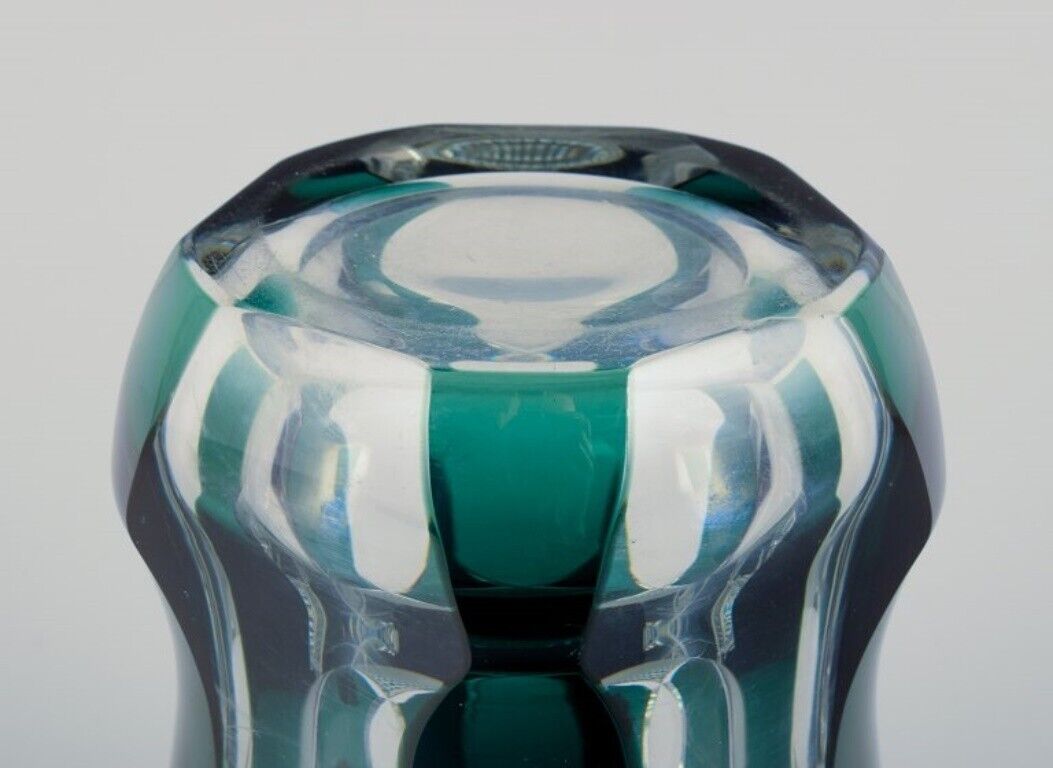 Val St Lambert Belgium Faceted crystal vase in green and clear glass