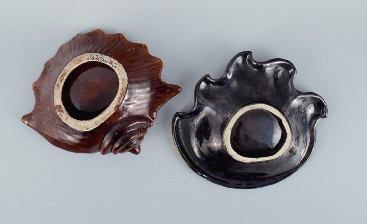 Vallauris France two shell-shaped bowls with glaze in shades of brown and red