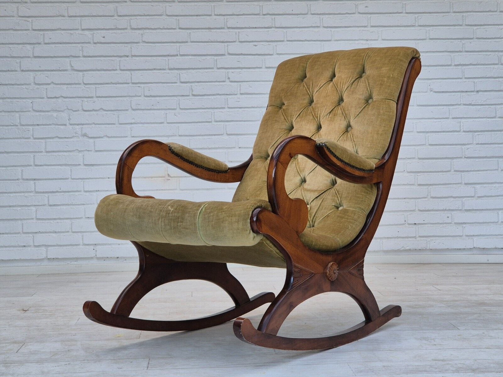 1950s Scandinavian rocking chair vintage green furniture velour