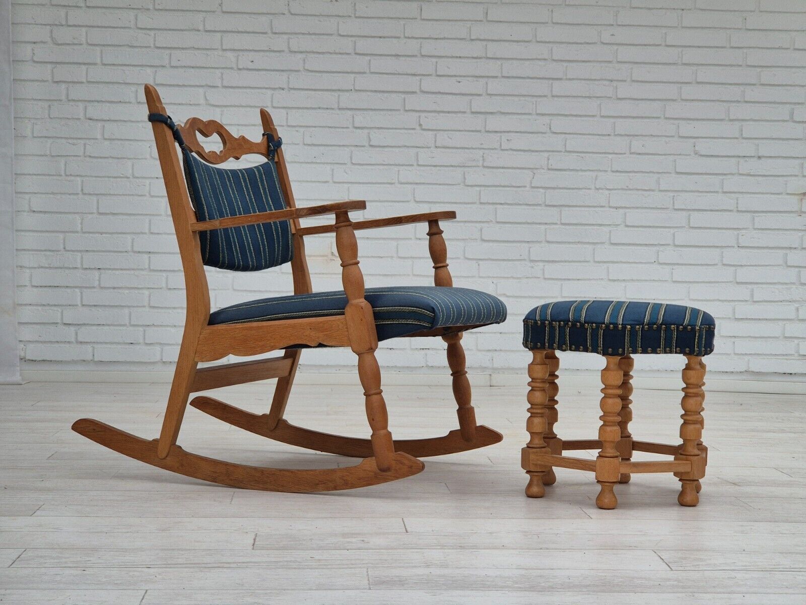 1970s Danish design oak wood rocking chair with footstool furniture wool