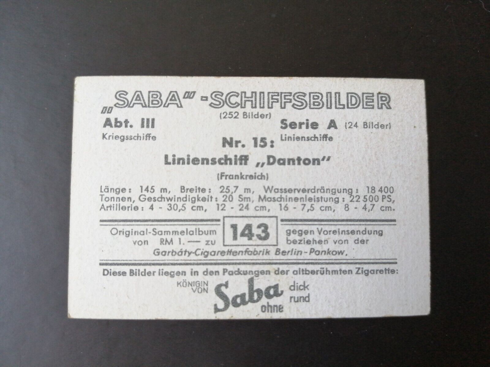 German SABA tobacco ship trading card 1931-33No 143"Danton" France