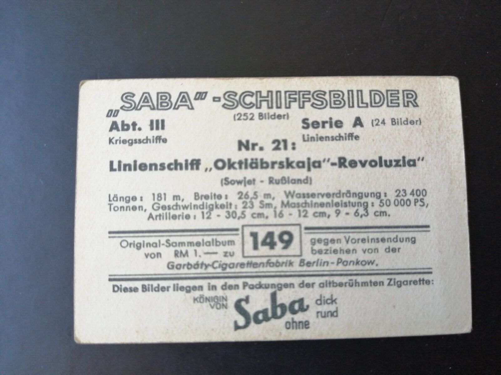 German SABA tobacco ship trading card 1931-33No 149Russia