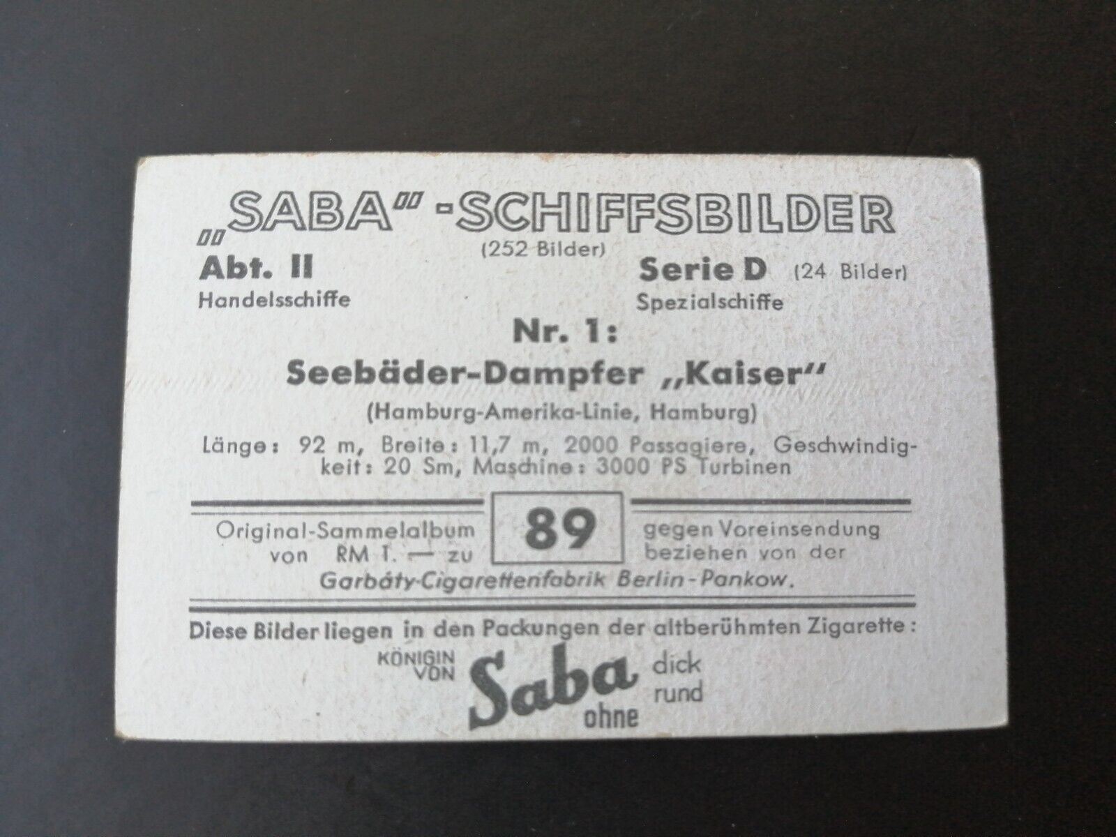 German SABA tobacco ship trading card 1931-33No 89 HH-USA  "Kaiser"