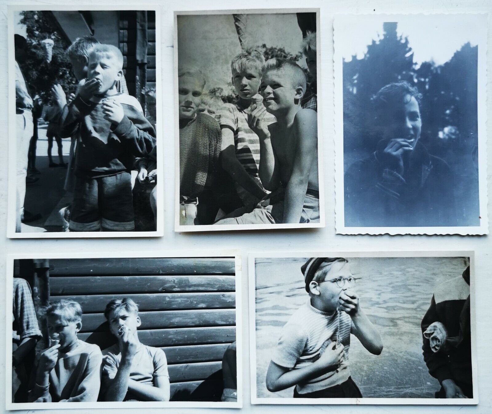 Vtg photo:  Five motifs with young teen boys eating lunch or ice cream   Fo252