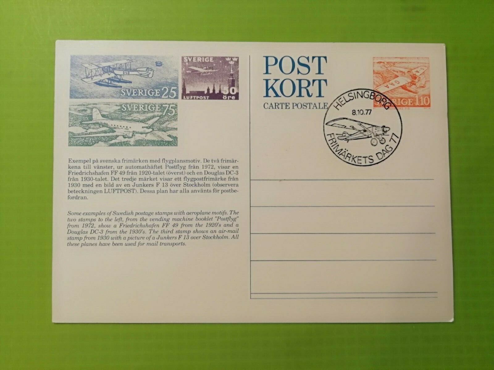 Aviation postcardSpirit of StLouis Charles Lindberg Sweden 1977