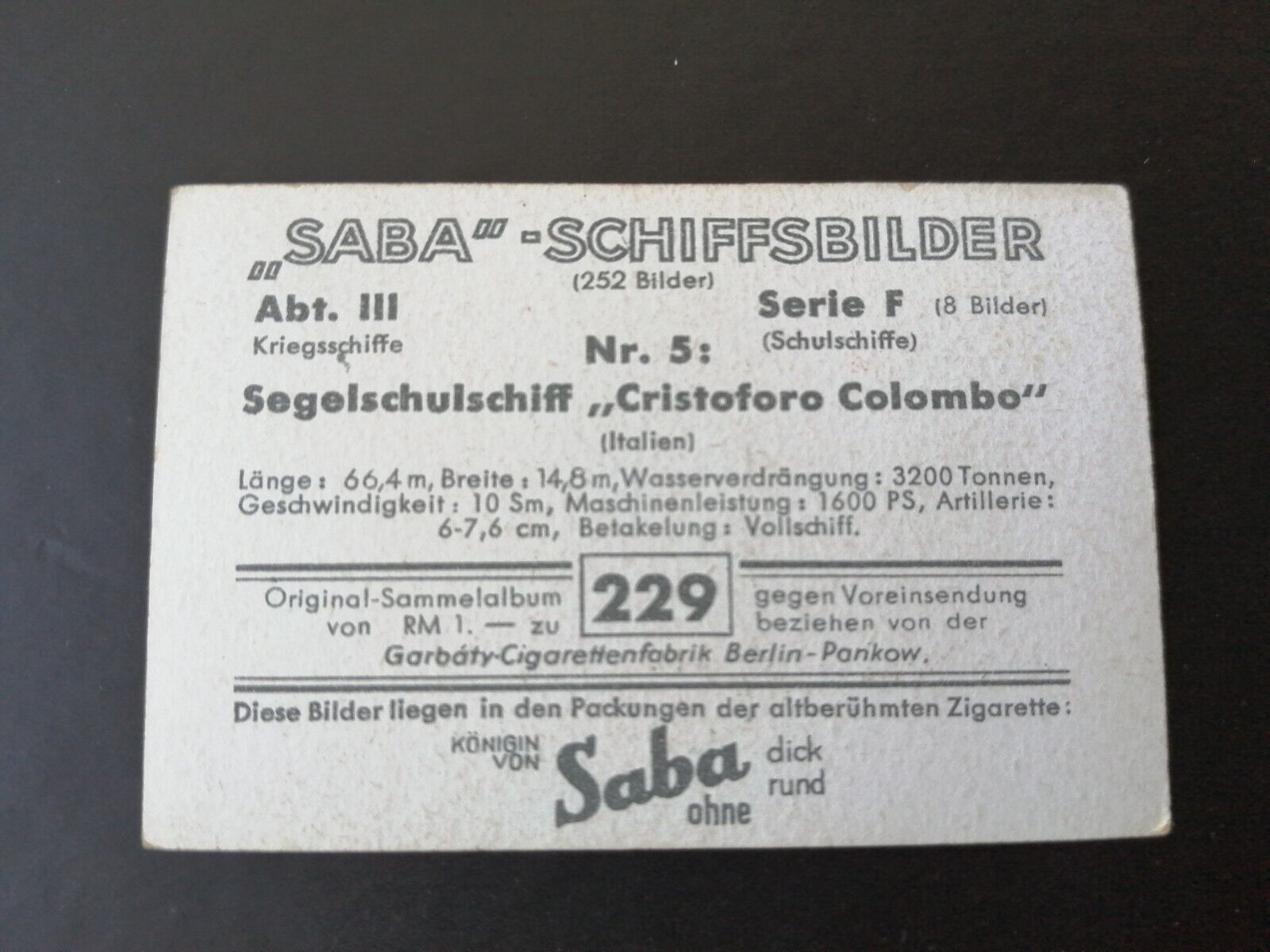 German SABA tobacco ship trading card 1931-33No 229 "Cristoforo Solombo" Italy